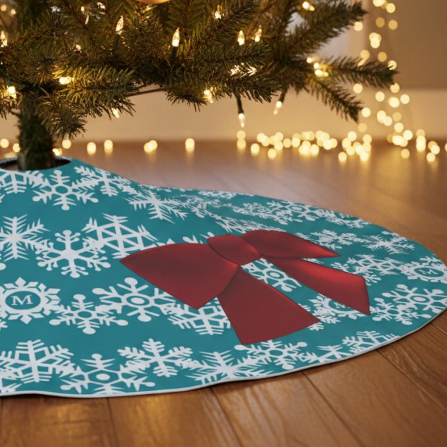 Aquamarines Snowflake Red Bow Weihnachtsbaumrock Polyester Weihnachtsbaumdecke (Add a touch of elegance to your holiday decor this year! Add your initial)