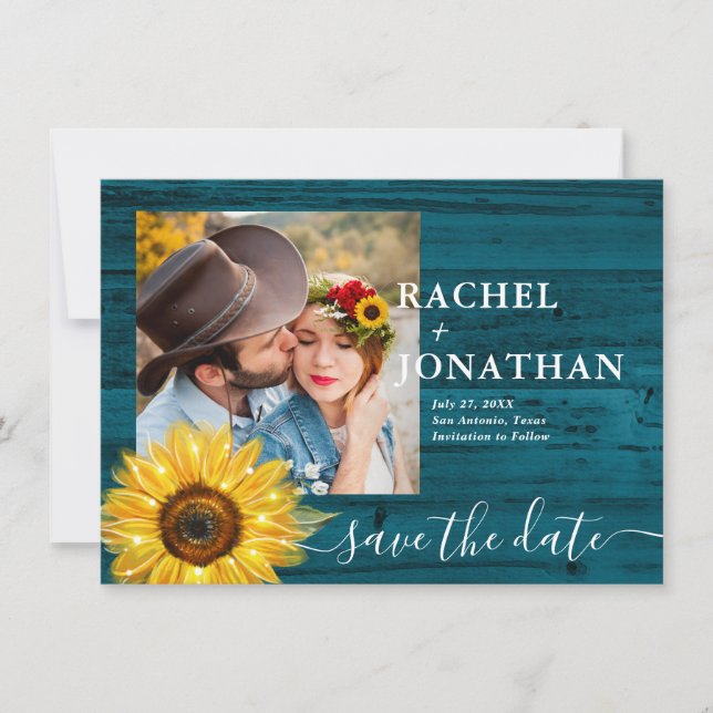 Aquamarines Sonnenblumenöl-Foto - Hochzeit rettet  Save The Date (Vorderseite)