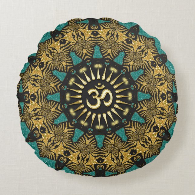 Aquamarines Tribal Mandala Om Symbol Rundkissen Rundes Kissen (Vorderseite)