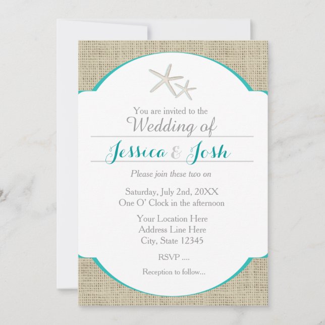 Aquamarines türkisfarbenes Beach Burlap Starfish E Einladung (Vorderseite)