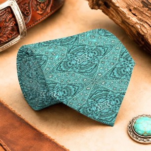 aquamarines türkisfarbenes Western Land Tooled Lea Krawatte