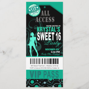 Aquamarines und Black VIP Sweet 16 Ticket Party Einladung