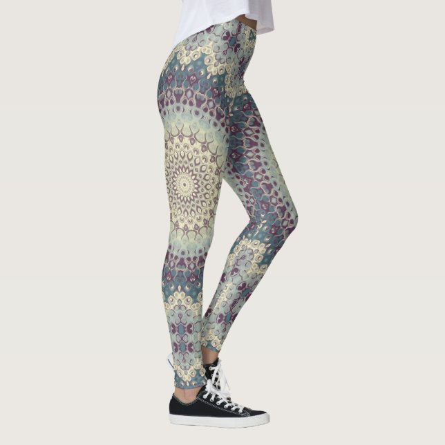 Aquamarines und cremefarbenes Mandala-Muster Leggings (Rechts)