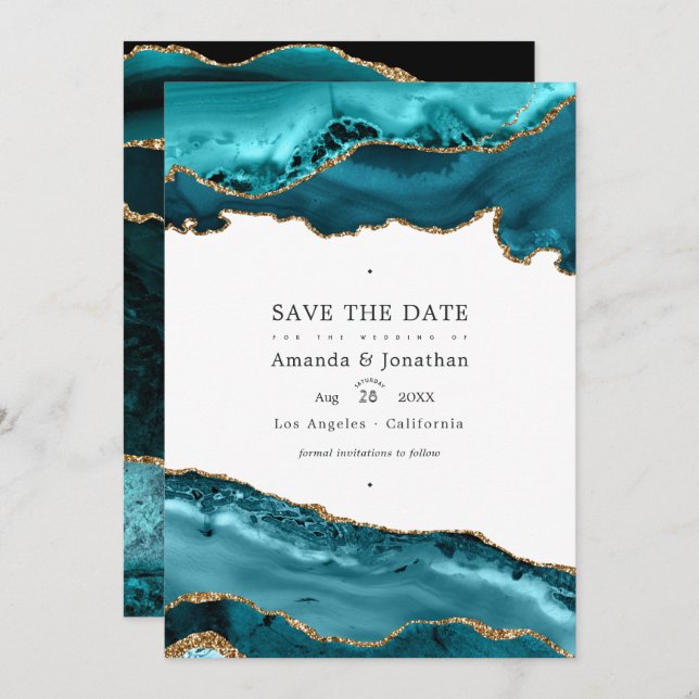 Aquamarines und Gold Agate Wedding Foto Save The Date (Vorne/Hinten)