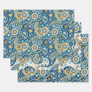 Aquamarines und Gold Bohemisches Paisley-Druckmust Geschenkpapier Set