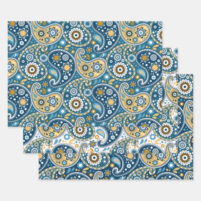 Aquamarines und Gold Bohemisches Paisley-Druckmust Geschenkpapier Set (Set)