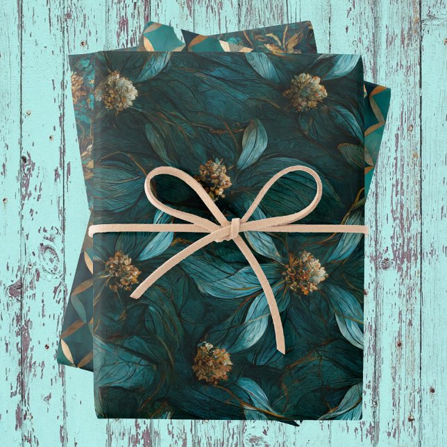 Aquamarines und goldenes Blumenmuster Geschenkpapier Set (Von Creator hochgeladen)