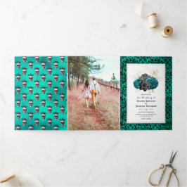 Aquamarines und goldenes florales Hochzeitsfest-Fo Dreifach Gefaltete Einladung