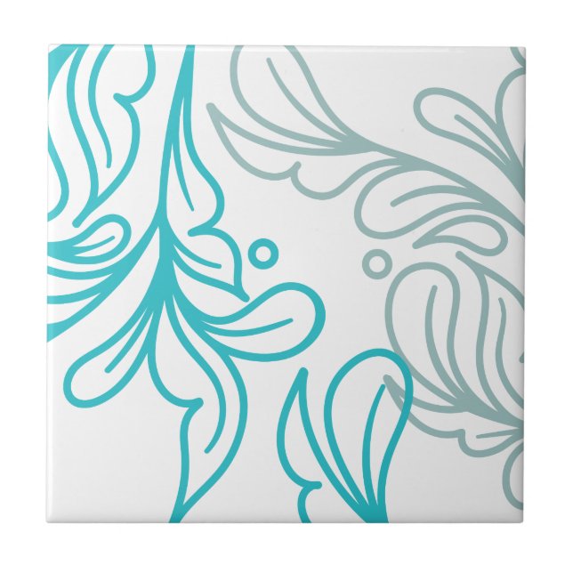 Aquamarines und graues Boho Leaf-Design Fliese (Vorderseite)