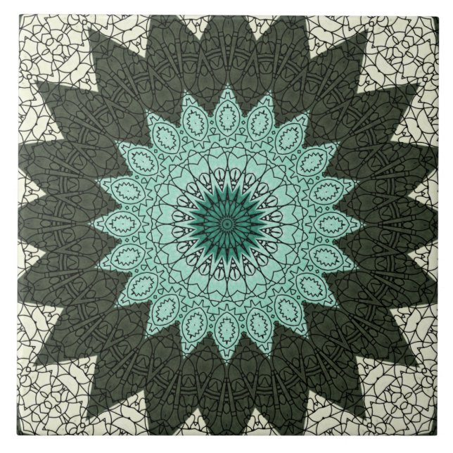 Aquamarines und grünes Mandala-Muster Fliese (Vorderseite)