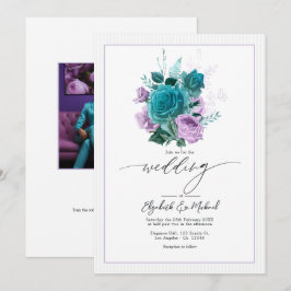 Aquamarines und Lavender Floral Wedding Foto Einladung