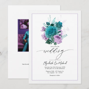 Aquamarines und Lavender Floral Wedding Foto Einladung