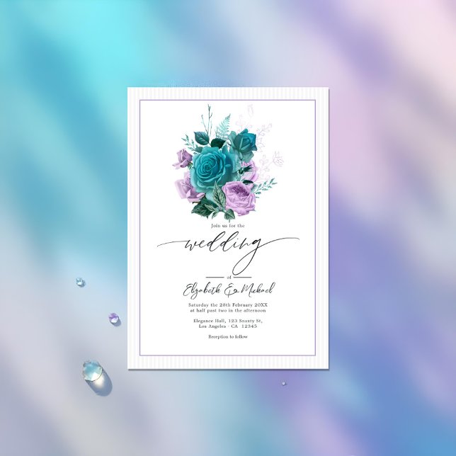 Aquamarines und Lavender Floral Wedding Foto Einladung (Teal and Lavender Floral Wedding Photo Invitation)