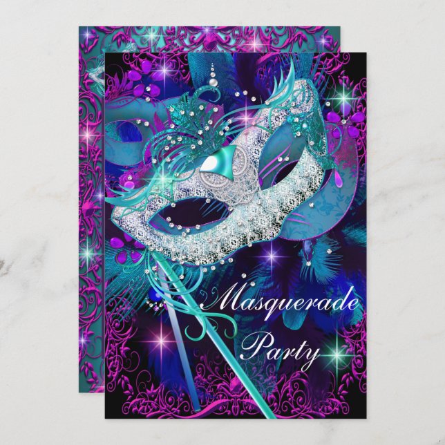 Aquamarines und Lila Masquerade-Ball-Party Einladung (Vorne/Hinten)