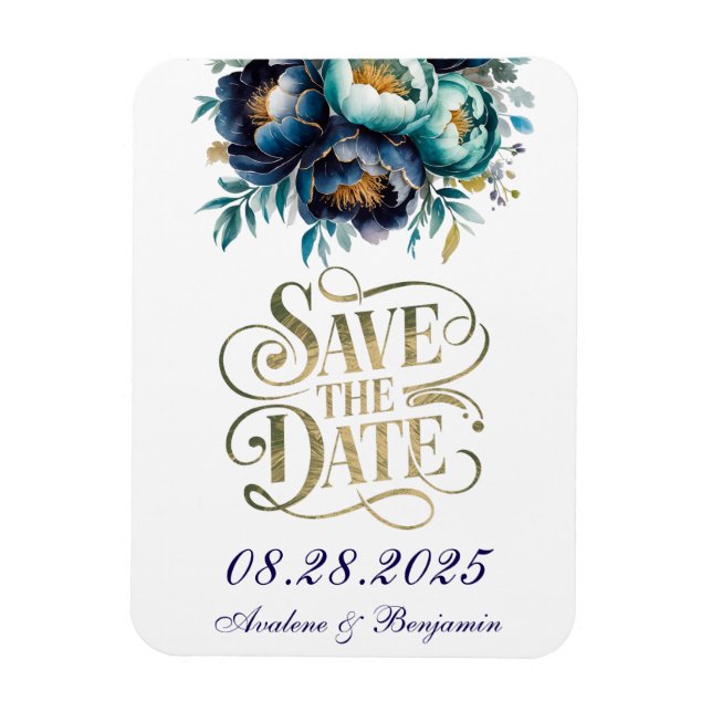 Aquamarines und Navy-Peony-Gold Save the Date Magnet (Vertikal)