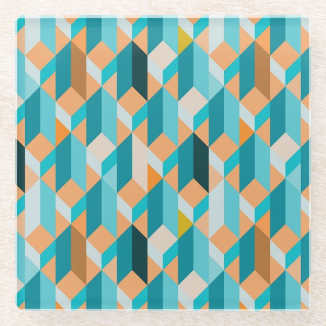 Aquamarines und orange Form-Muster Glasuntersetzer (Vorderseite)