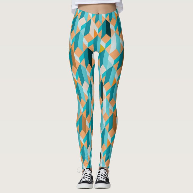 Aquamarines und orange Form-Muster Leggings (Vorderseite)