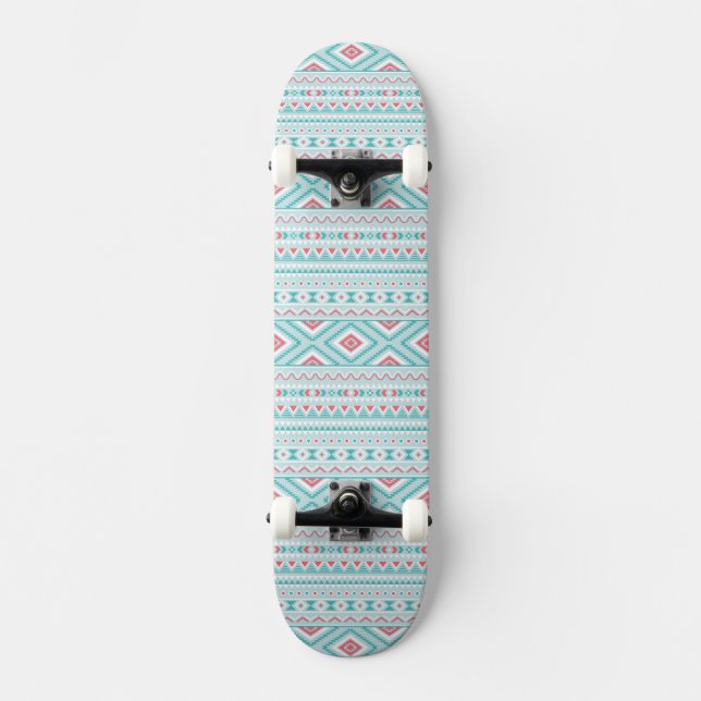 Aquamarines und rosa aztekisches Stammes- Muster Skateboard (Vorderseite)