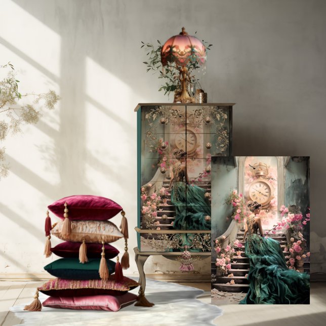 Aquamarines und rosa Portrait Kunst, Elegante Lady Seidenpapier (Teal and Pink, Elegant Woman Sitting, Vintage Clock and Floral furniture Decoupage Tissue Paper)