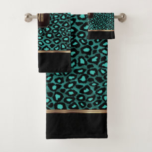 Aquamarines und schwarzes Leopardenmuster mit Mono Badhandtuch Set