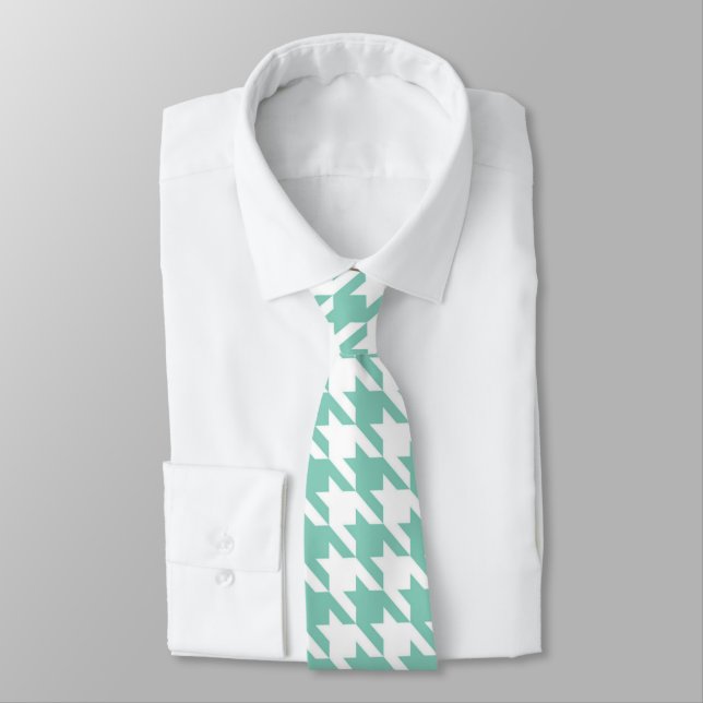 Aquamarines und weißes Hahnentrittmuster Necktie Krawatte (Gebunden)