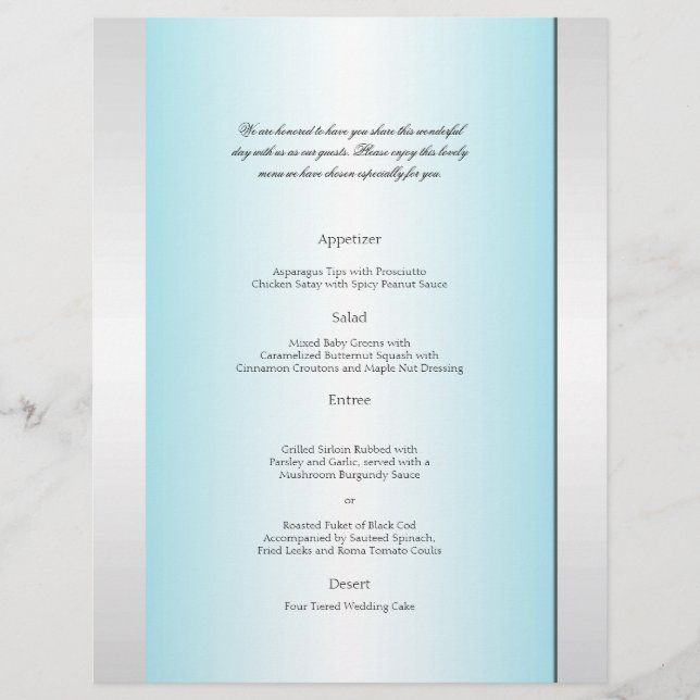 Aquamarines und weißes Zebra Diamond Wedding Menu (Vorderseite)