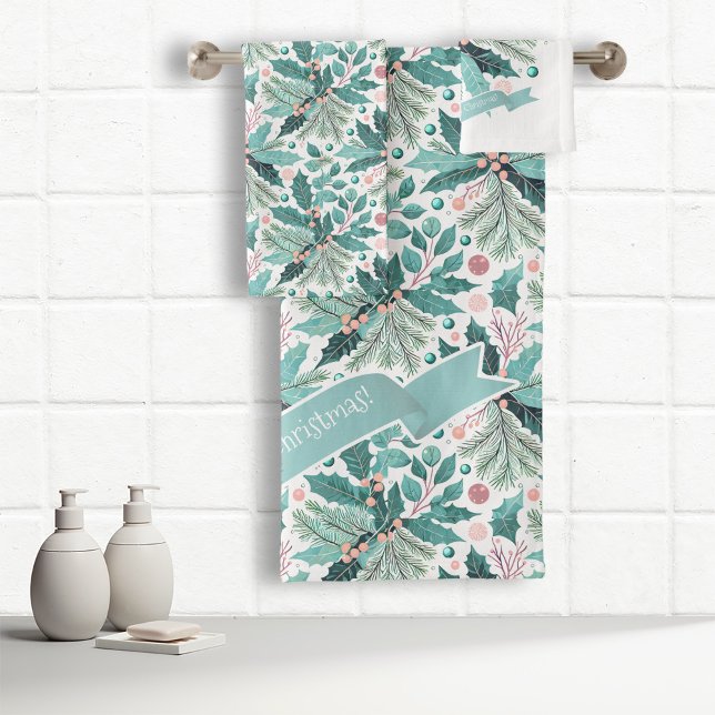 Aquamarines Weihnachts-Holly-Berries-Muster#17 ID1 Badhandtuch Set (Von Creator hochgeladen)