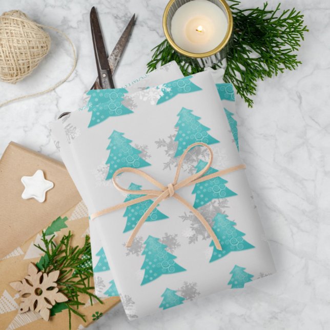 Aquamarines Weihnachtsbaumwrapppapier Geschenkpapier Set (Teal Festive Christmas Tree Wrapping Paper Sheets)