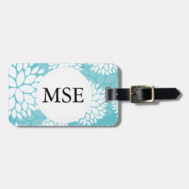 Aquamarines weißes Blumenmuster Gepäckanhänger (Vorderseite horizontal)