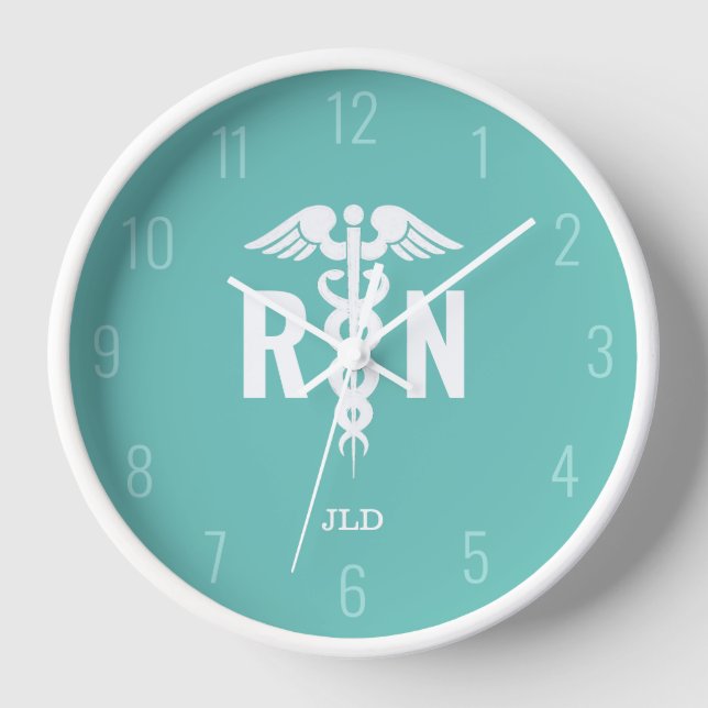 Aquamarines weißes Caduceus Monogramm Uhr (Vorderseite)