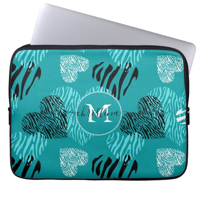 Aquamarines Weißes Zebra-Druckhörer-Monogramm Laptopschutzhülle (Vorderseite)