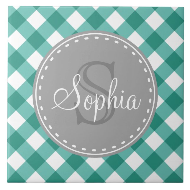 Aquamarines White Gingham Kariert Pattern Monogram Fliese (Vorderseite)