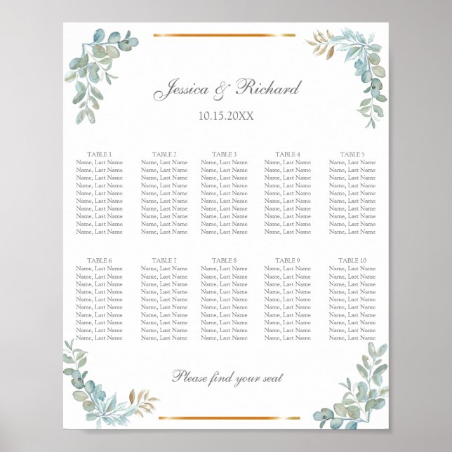 Aquarell 10 Tische Seatabelle Plakatzeichen Zeiche Poster (Vorne)