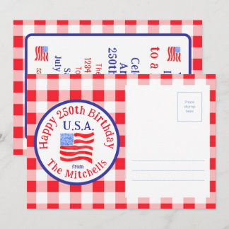 Aquarell 250 Geburtstag US-Flagge Rotkariert Postk Einladung