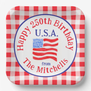 Aquarell 250 Geburtstag USA-Flagge Rotkariert NAME Pappteller
