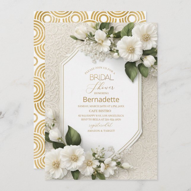 Aquarell 3D-weiße Blume Gold Brautparty Einladung (Vorne/Hinten)