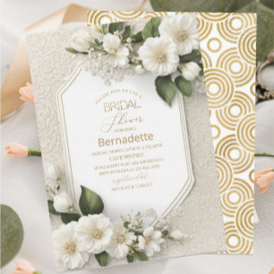 Aquarell 3D weiße Blumen Gold Junggesellinnenabsch Einladung