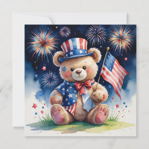 Aquarell 4. Juli Patriotischer Teddybär Feiertagskarte