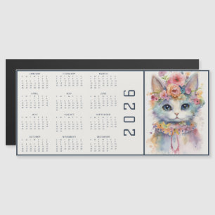 Aquarell-Abstrakt-Katze-mit-Blumen-Kalender Magnetkarte