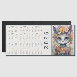 Aquarell-Abstrakt-Katze mit Blumenkalender Magnetkarte