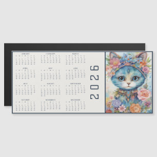 Aquarell-Abstrakt-Katze mit Blumenschmuck-Kalender Magnetkarte