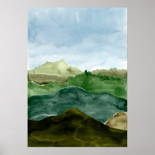 Aquarell abstrakte grüne Berge Landschaft Kunst, D Poster