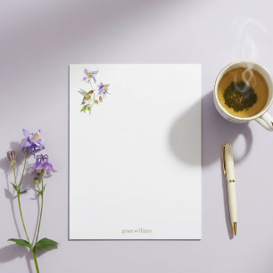 Aquarell-Akelei mit personalisierter Kolibri Briefbogen