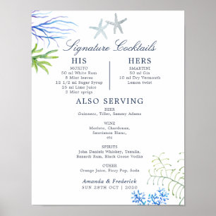 Aquarell-Algen-Strand-Hochzeits-Cocktails-Menü Poster