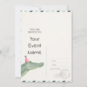 Aquarell-Alligator-Partyhut-Postkarten-Einladung Einladung