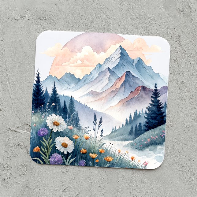 Aquarell Alp Landschaft mit Wildblumen Quadratischer Aufkleber (Von Creator hochgeladen)
