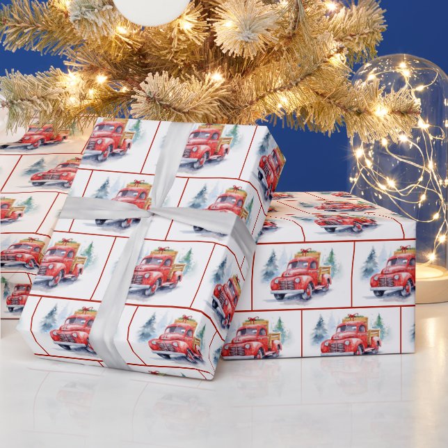 Aquarell Alter roter LKW im Schnee Geschenkpapier (Feiertage)