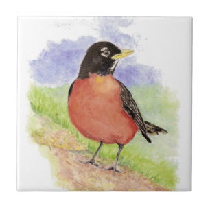 Aquarell-Amerikaner-Robin-Tier-Naturkunst Fliese