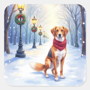 Aquarell Amerikanischer Foxhound Verschneiter Late Quadratischer Aufkleber