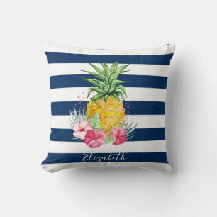 Aquarell Ananas Hibiskus, Marineblaue Streifen Kissen
